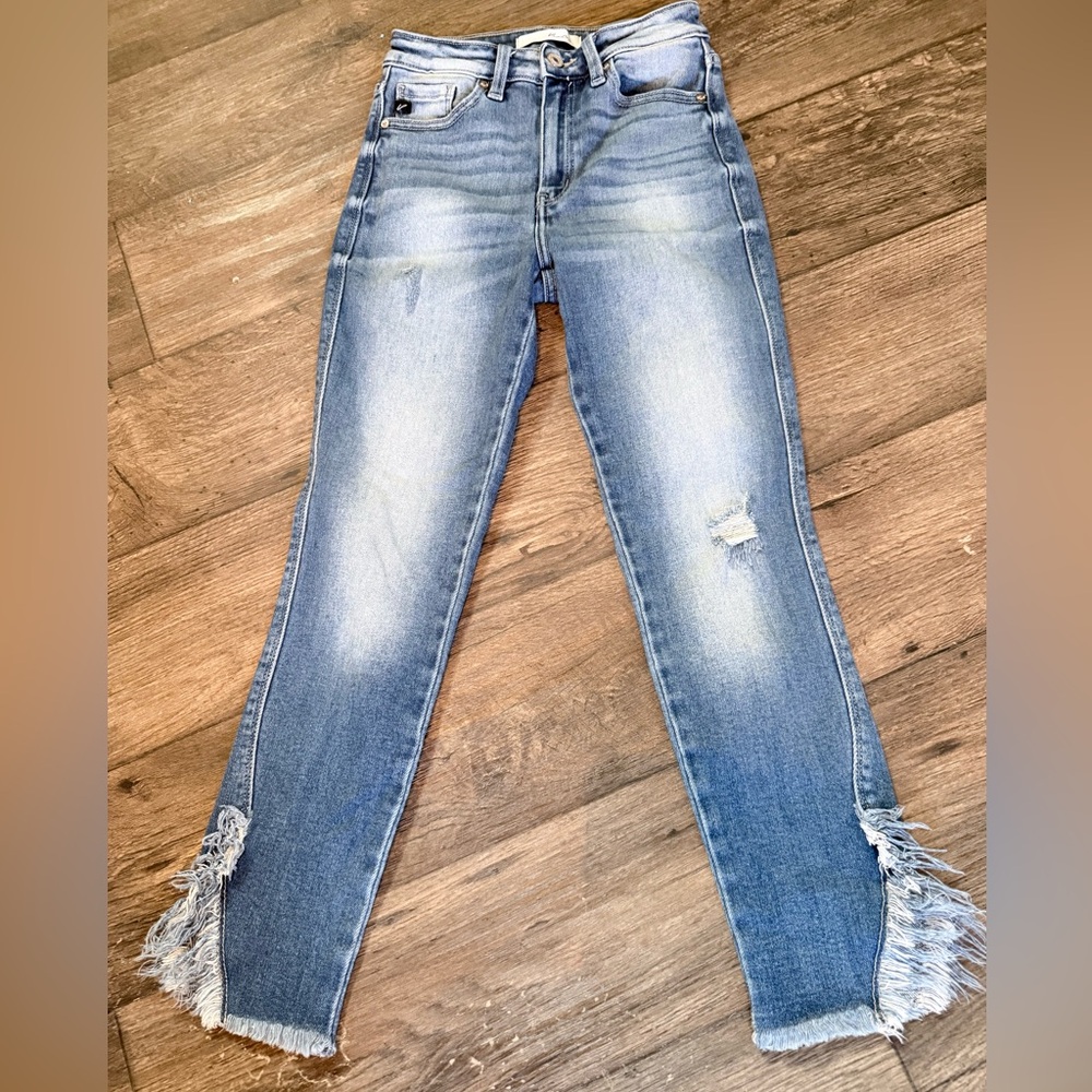 KanCan Light Blue Distressed Ankle Jeans with Fringe Hem